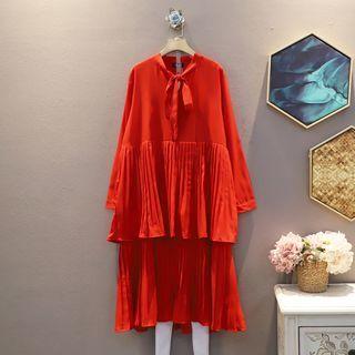Long-sleeve Plain Bow Accordion Pleat Dress