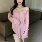Open-placket Long Sleeve Round Hem T-shirt