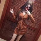 Long-sleeve Ruched Mini Sheath Dress