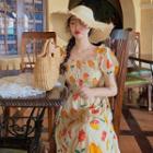 Fruit Print Puff-sleeve Square-neck Midi A-line Dress