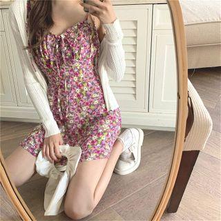 Floral Slim-fit Sleeveless Dress / Plain Light Cardigan