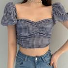 Puff-sleeve Plaid Cropped Blouse As Shown In Figure - One Size