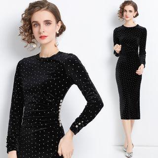 Long-sleeve Dotted Velvet Midi Sheath Dress