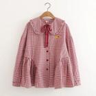 Dog Embroidered Plaid Blouse