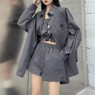 Long-sleeve Shirt / Ruffle Trim Cropped Tube Top / Shorts / Set