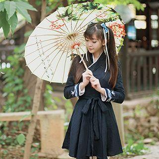 Embroidered Pleated Chinese Long-sleeve Dress