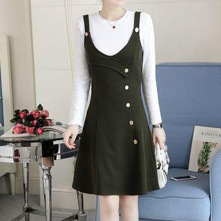 Set: Long-sleeve Knit Top + Buttoned Knit Dress