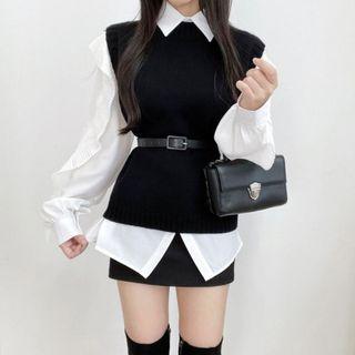 Ruffled Shirt / Sweater Vest With Belt