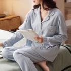 Loungewear Set : Long-sleeve Lettering Embroidered Top + Pants
