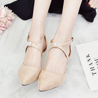 Faux Suede Rhinestone Accent Ankle Strap High Heel Pumps
