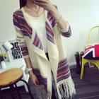 Fringed Open Front Long Cardigan