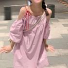Puff-sleeve Cold-shoulder A-line Dress Light Purple - One Size
