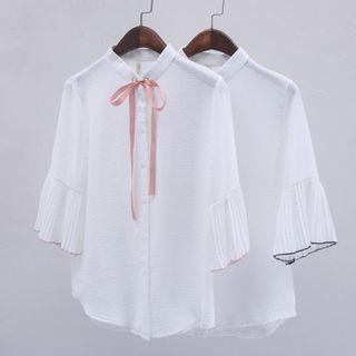 Elbow-sleeve Ruffle Trim Shirt