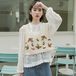 Lantern-sleeve Lace Blouse / Embroidered Knit Vest