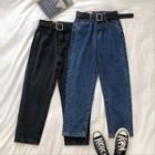 Plain High-waist Harem Cropped Jeans With Belt