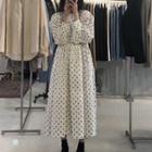 Long-sleeve Dotted Midi A-line Dress White - One Size