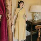 Short-sleeve Plaid A-line Midi Qipao Dress