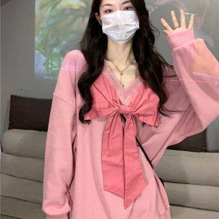 Long-sleeve Bow T-shirt Pink - One Size