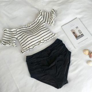 Set: Off-shoulder Short-sleeve Striped Swim Top + Plain Swim Bottom