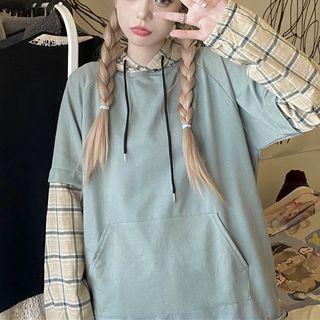Mock Two-piece Plaid Panel Hoodie Green - One Size