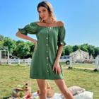 Off-shoulder Short-sleeve Plain Button-up Mini Dress