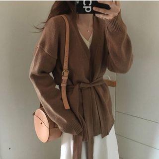 Long-sleeve Plain Tie Waist Knit Cardigan