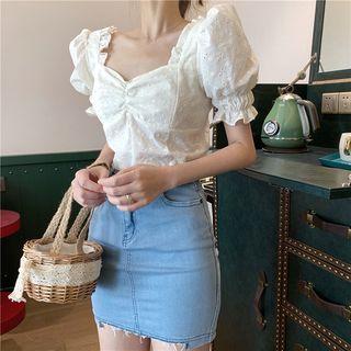 Lantern-sleeve Eyelet Lace Blouse