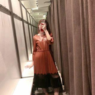 Long-sleeve Lace Panel Maxi Pleated Dress