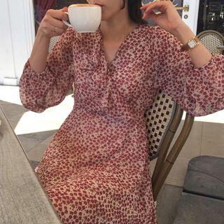 Long-sleeve Ruffle Trim Floral Printed Dress