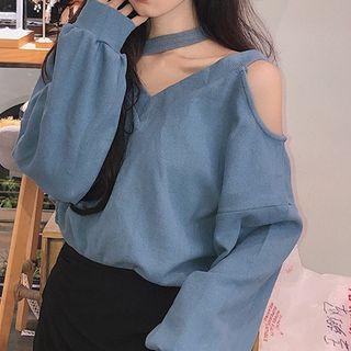 Cold Shoulder Puff-sleeve Knit Top