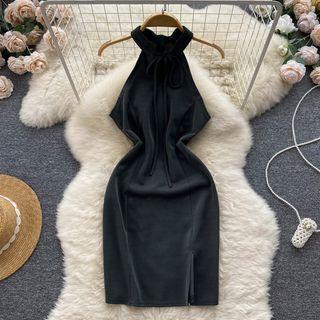 Sleeveless Off-shoulder Halter Plain Slit Dress