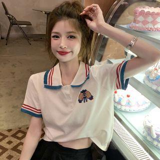 Contrast Trim Embroidered Cropped Polo Shirt