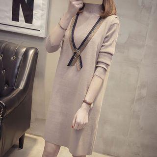 Set: Mock-neck Sweater + V-neck Sleeveless Knit Dress
