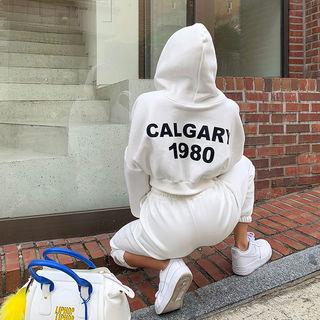 Letter Print Brushed-fleece Cropped Hoodie