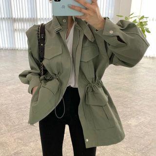 Drawstring Puff-sleeve Cargo Jacket Green - One Size