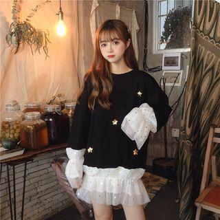 Mesh Paneled Sequined Star Mini Sweatshirt Dress As Shown In Figure - One Size