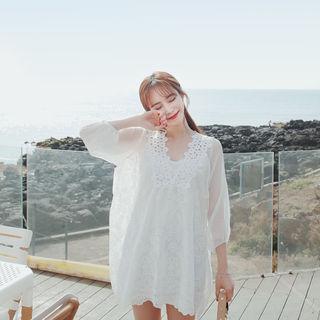 Set: Tie-back Sheer Lace Tunic + Mini Slipdress