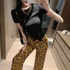Asymmetric Hem Short-sleeve T-shirt / Floral High-waist Wide-leg Pants
