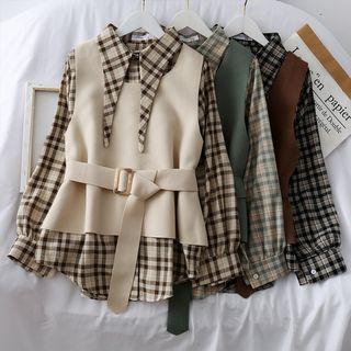 Set: Pointy-collar Checker Shirt + Wool Vest With Belt