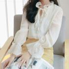 Tie-neck Bell-sleeve Crinkle Blouse Almond - One Size