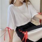 Elbow-sleeve Ribbon T-shirt / Color Block Lace-up Wide-leg Cropped Pants