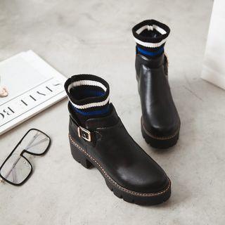 Faux Leather Knit Panel Short Boots