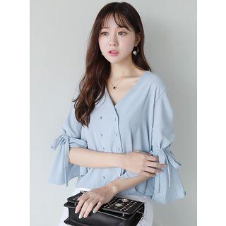V-neck Double-breasted Beribboned Blouse