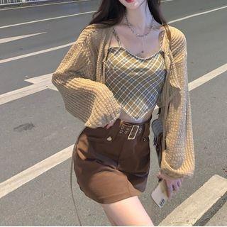 Plaid Asymmetrical Camisole Top / Cropped Cardigan / A-line Mini Skirt