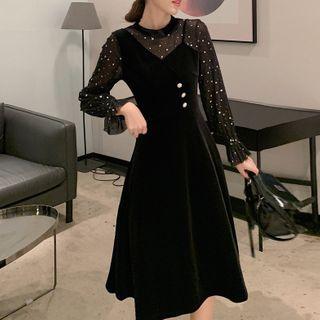 Glitter Bell-sleeve Midi A-line Velvet Dress