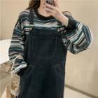 Long-sleeve Striped Loose-fit Top / Denim Overall Dress