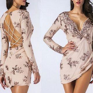 Sequined Long-sleeve Open Back Dress