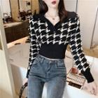 Houndstooth V Collar Sweater As Shown In Figure - One Size