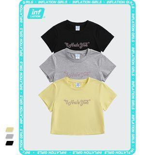 Rhinestone-letter Crop T-shirt