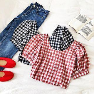 Plaid Frilled Slim-fit Puff-sleeve Blouse